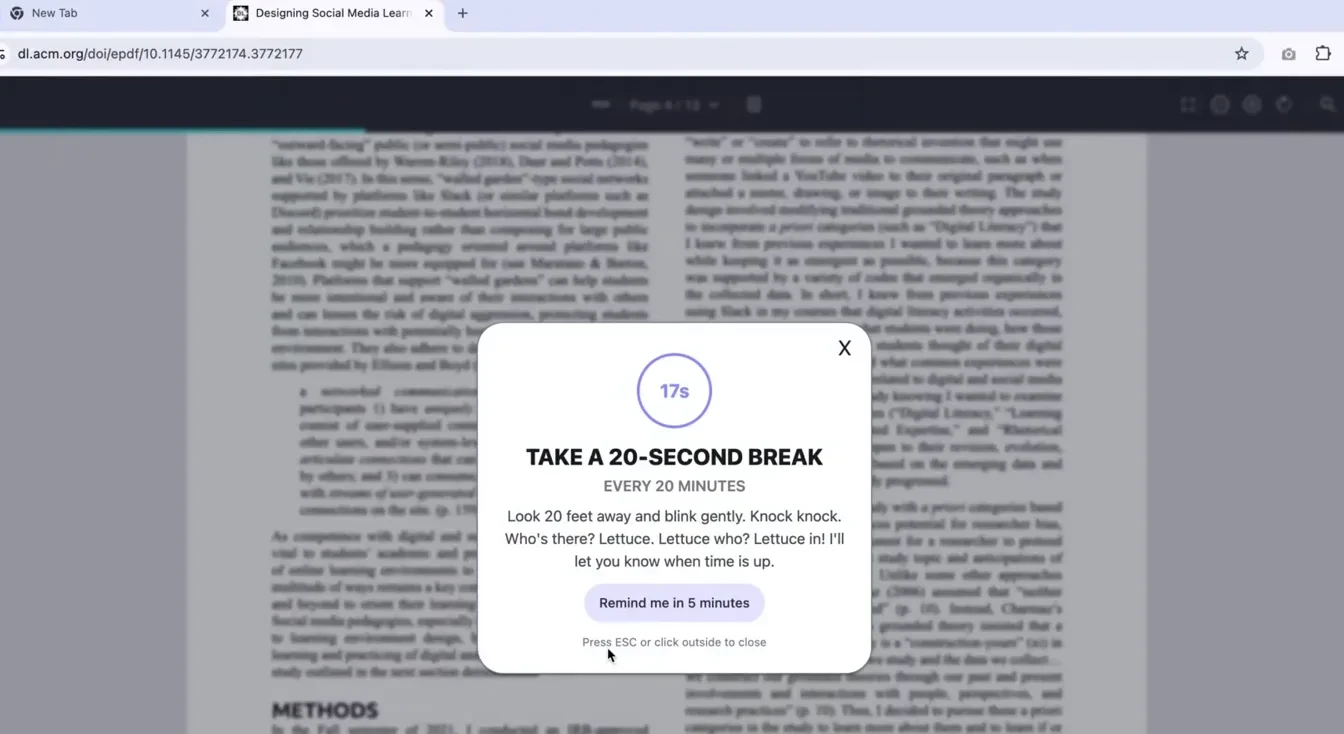 The break reminder over a research paper in Chrome: a 20-second countdown, a knock-knock joke and a Remind me in 5 minutes button