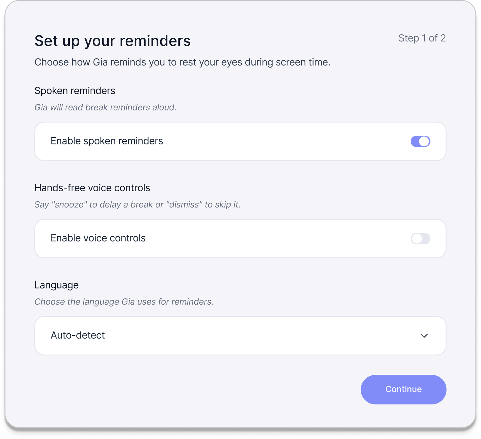 Setup step 1 of 2, Set up your reminders: toggles for spoken reminders and hands-free voice controls, and a language menu