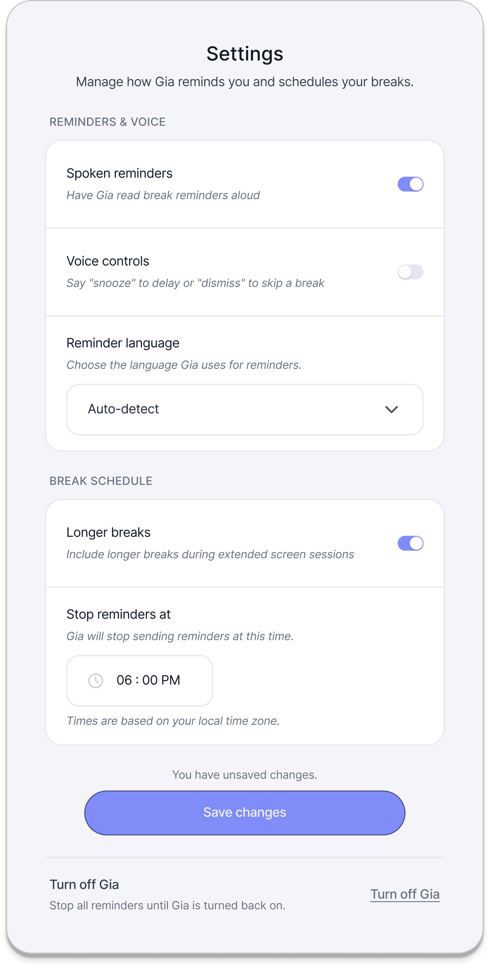 Settings: spoken reminders, voice controls and reminder language, then longer breaks and the time to stop reminders, with a Save changes button and a Turn off Gia link