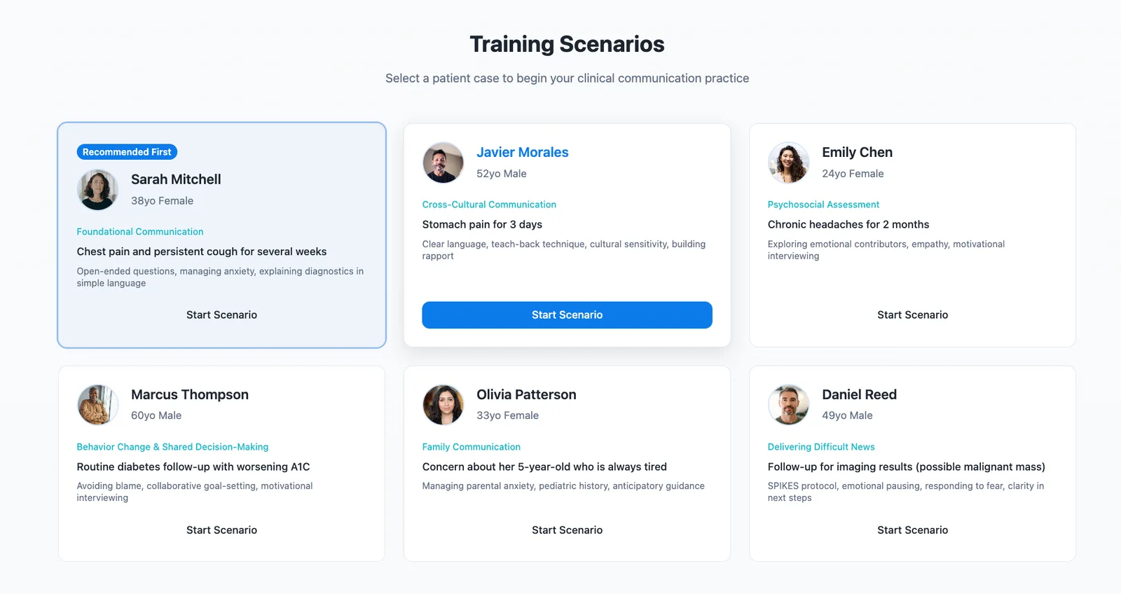 The Training Scenarios screen: six patient cases, each tagged with the competency it trains, Foundational Communication marked Recommended First