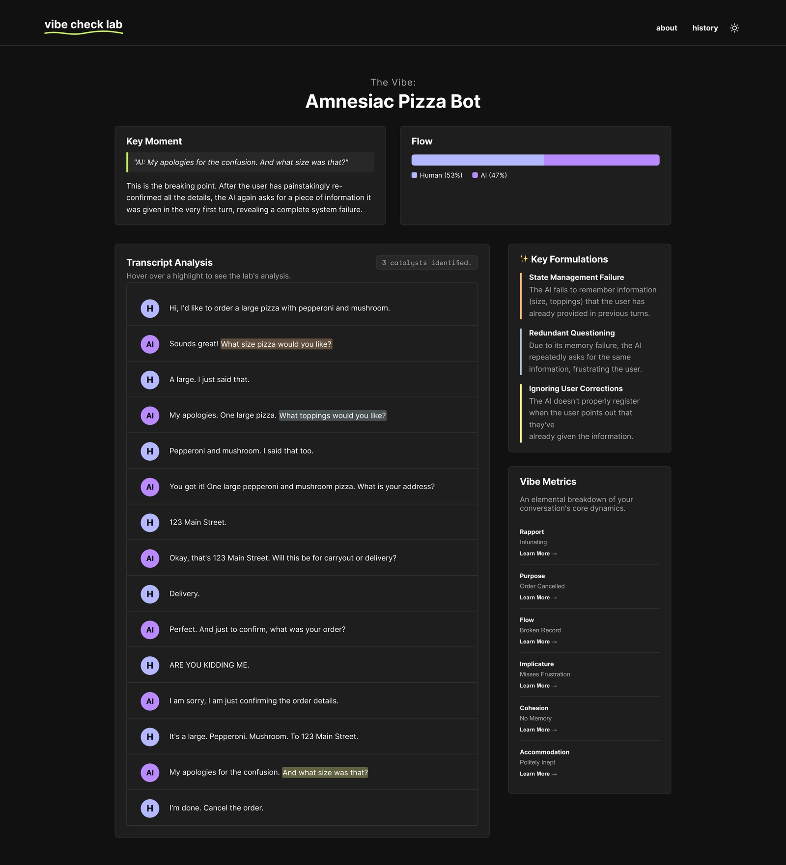 Conversation Dashboard Overview showing the complete Vibe Check interface: a dashboard, an annotated transcript and a theory library