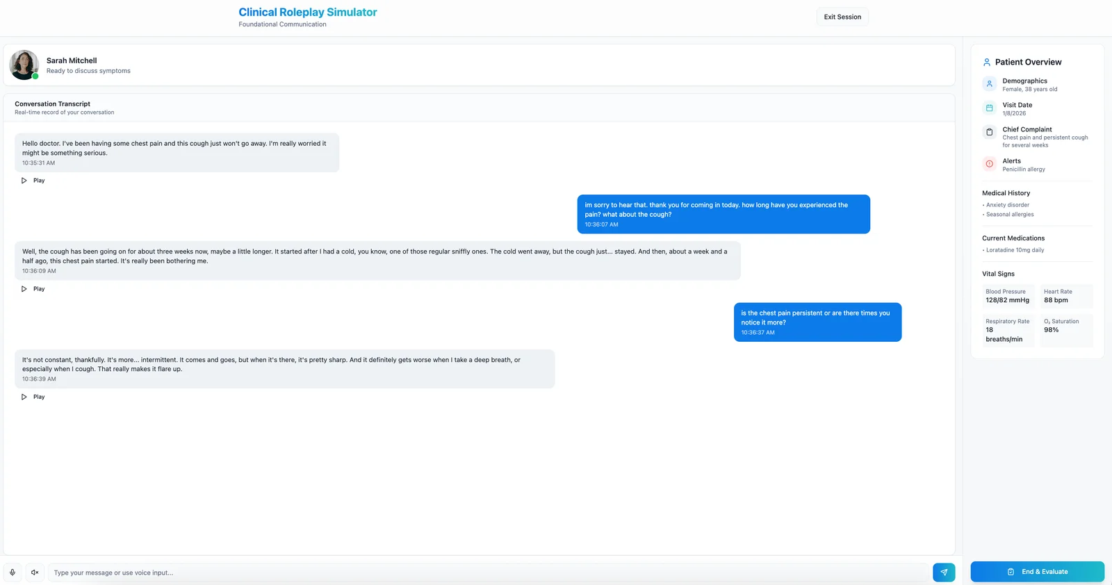 The practice interface mid-conversation: the transcript between the student and the AI patient, the patient overview beside it, and the message input with voice and send controls under it