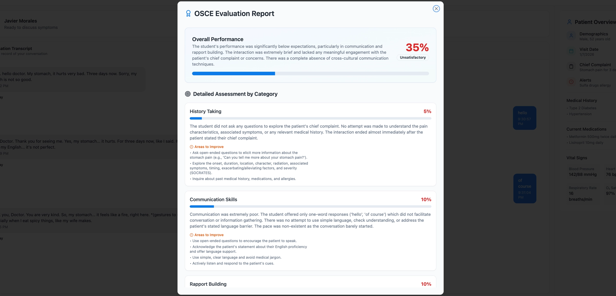 The OSCE Evaluation Report open over the chat screen: an overall performance score, then a detailed assessment by category, each with its score, a written rationale and areas to improve
